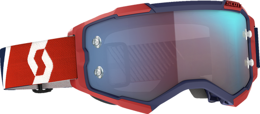 Bill's Exhausts SCOTT Fury Goggle in Red and Blue with black frame, close-up view of the motorcycle goggle for riding protection.