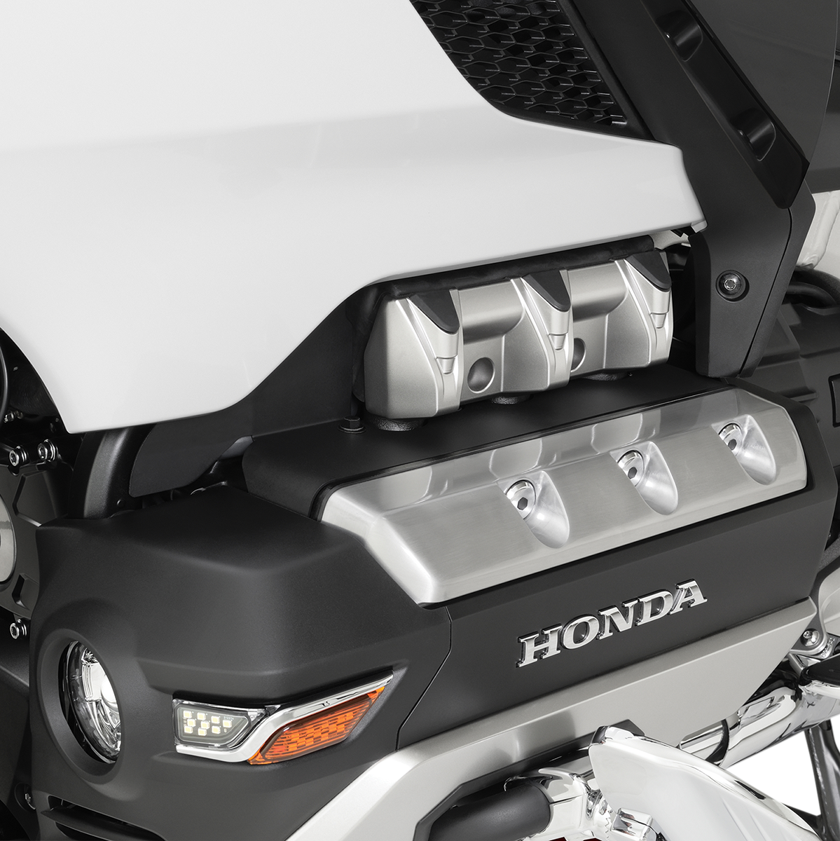 Chrome cylinder head cover for Honda GL1800 motorcycle engine by Bill's Exhausts, shown on a clean engine surface.