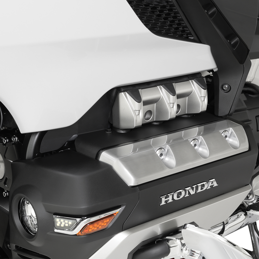 Chrome cylinder head cover for Honda GL1800 motorcycle engine by Bill's Exhausts, shown on a clean engine surface.