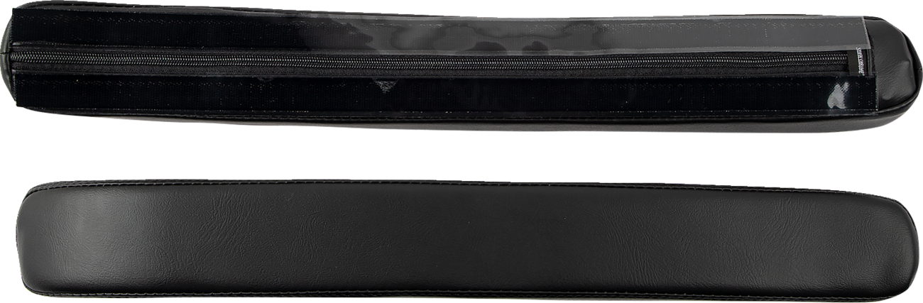 Black SHOW CHROME Kaliber Armrest Pads with black stitching for Slingshot 2015-2022, designed for engine protection and style.
