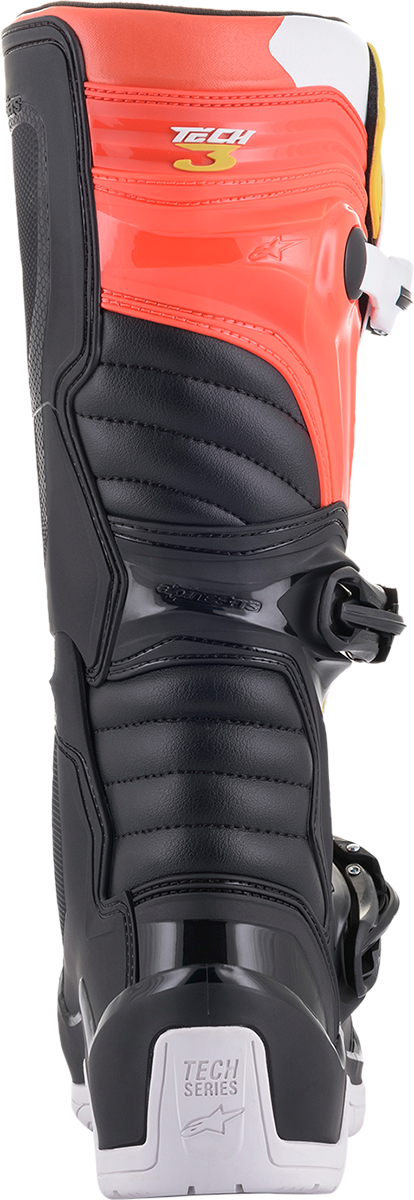 Alpinestars Tech 3 motorcycle boots in black, white, and orange with US size 9, featuring sturdy protective design.
