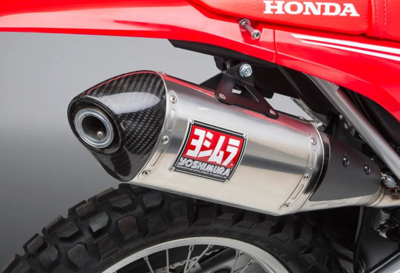 YOSHIMURA RS-4 Slip-On Exhaust for motorcycles, showing stainless steel and carbon fiber muffler with mounting hardware.