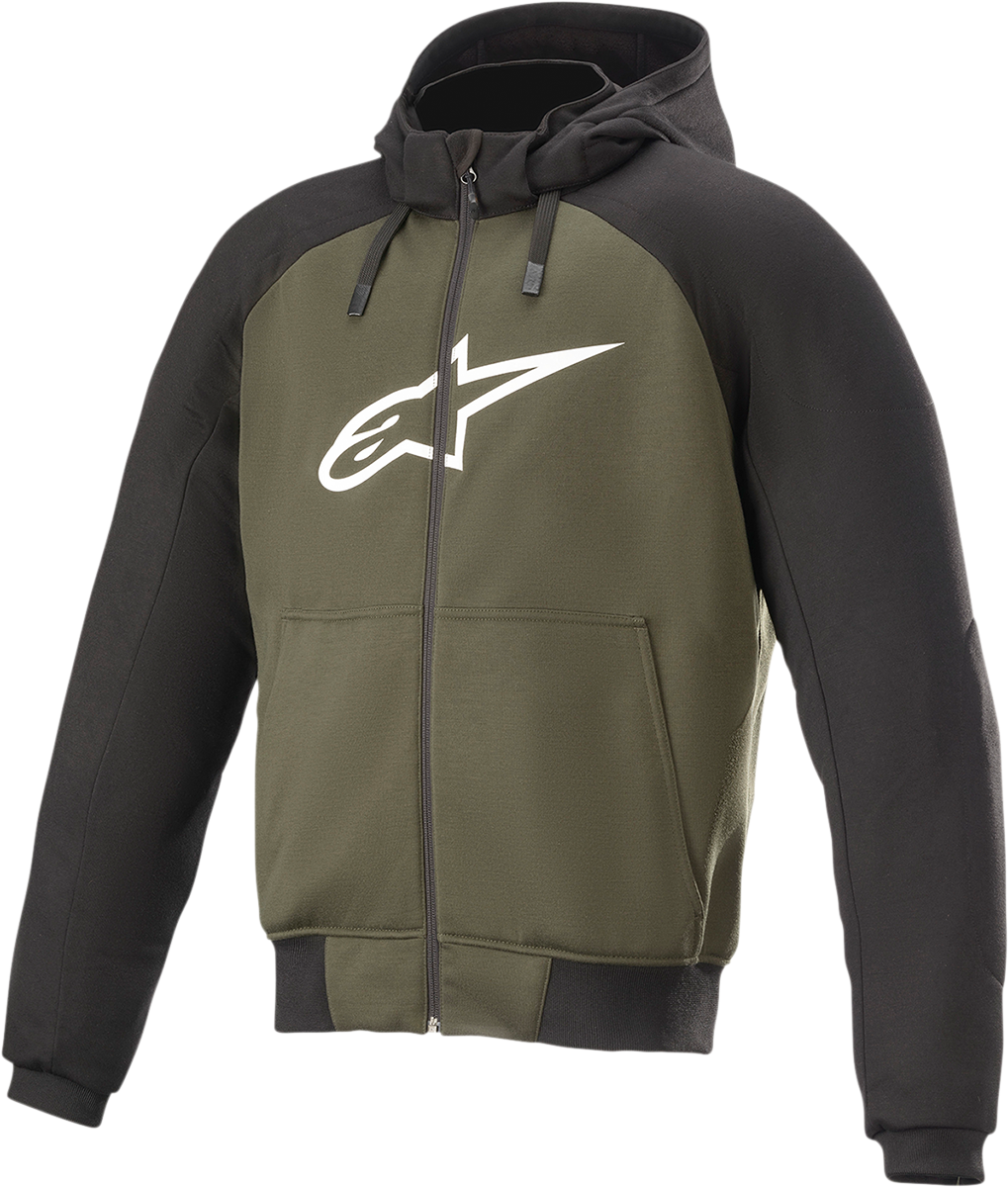 Black and green Alpinestars Chrome Hoodie, small size, with logo and drawstrings, made of soft fabric, casual streetwear style.
