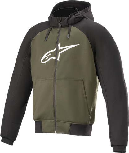Black and green Alpinestars Chrome Hoodie, small size, with logo and drawstrings, made of soft fabric, casual streetwear style.