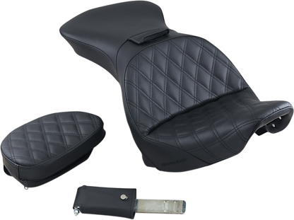 Black SADDLEMEN Explorer motorcycle seat with backrest and lattice stitching, designed for FLSTS models.