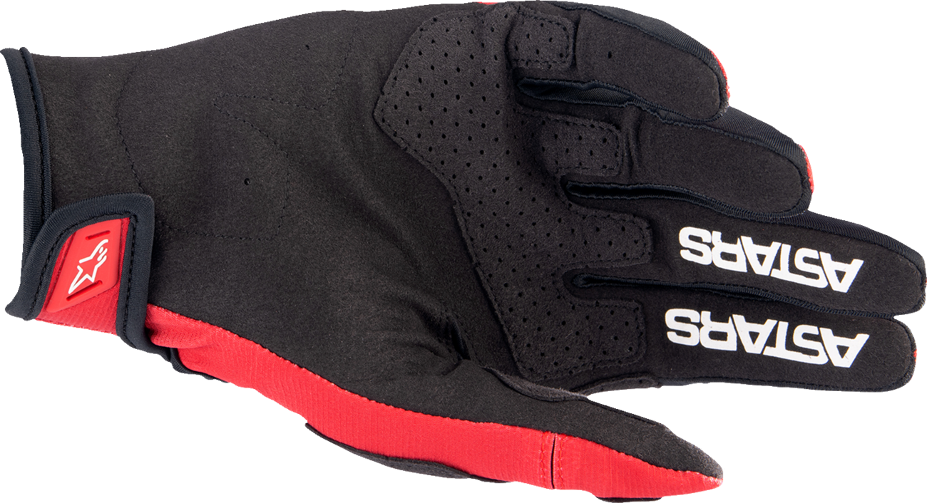 Alpinestars Techstar motorcycle gloves in warm red and black, small size, featuring protective padding and breathable material.
