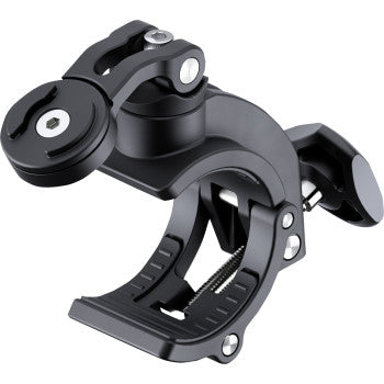 Bill's Exhausts SP CONNECT phone mount attached to a motorcycle handlebar, showcasing secure smartphone holder and mounting system.