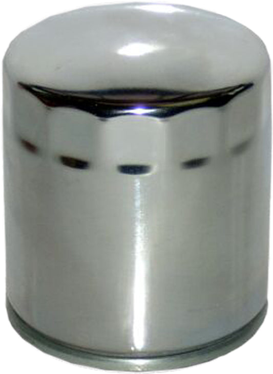 HIFLOFILTRO HF174C chrome motorcycle oil filter with metal casing and branding visible, designed for engine protection and performance.