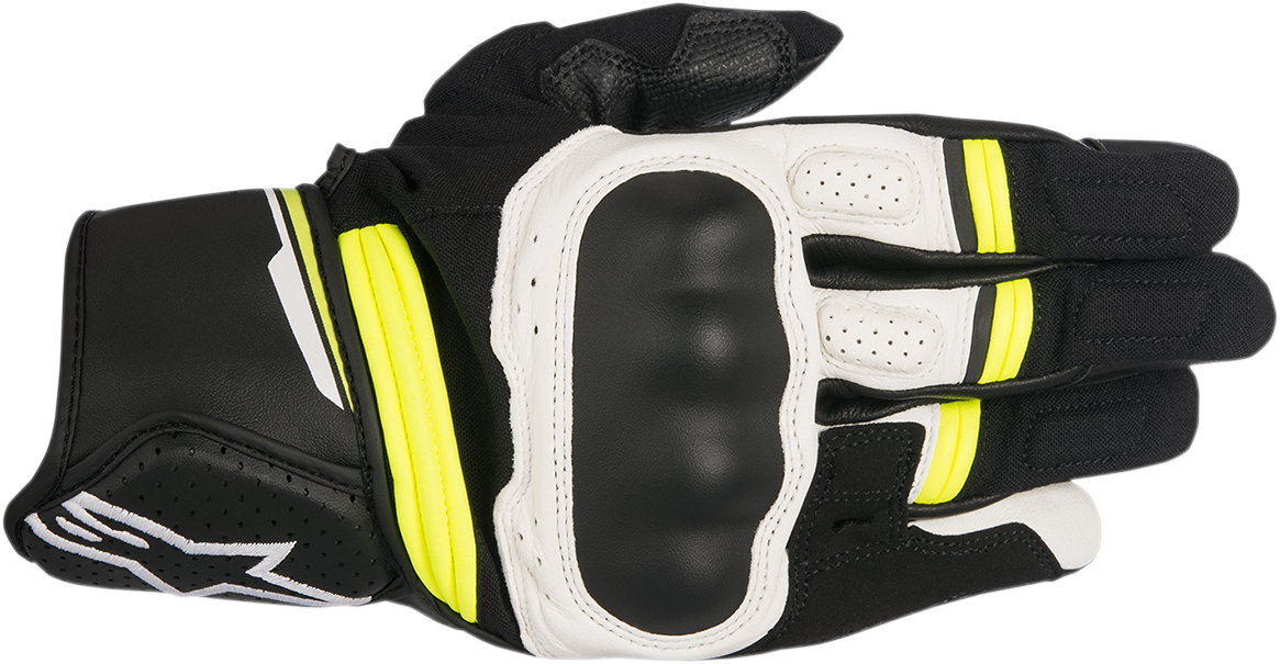 Alpinestars Booster Gloves in black, white, and fluo yellow, size XL, featuring protective knuckles and adjustable wrist strap.