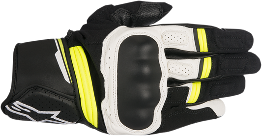 Alpinestars Booster gloves in black, white, and fluo yellow, large size, showcasing protective motorcycle gloves with padded knuckles.