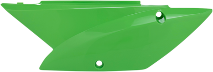 Green Acerbis side panels for motorcycle body, featuring brand-specific design and mounting points, compatible with various bike models.