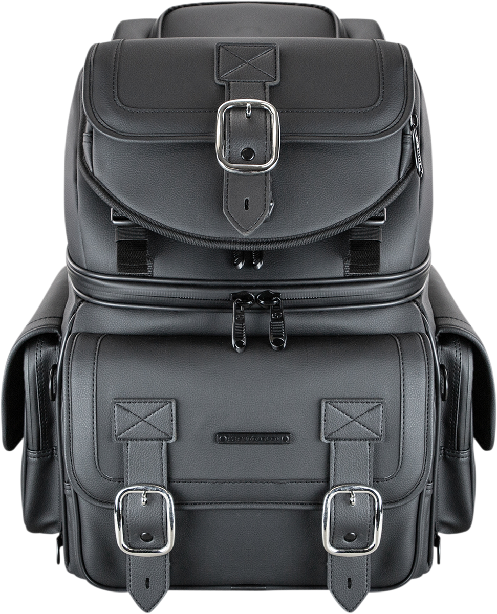 Black SADDLEMEN BR3400D Sissy Bar Bag mounted on motorcycle seat, designed for secure storage and style.