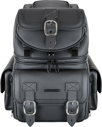 Black SADDLEMEN BR3400D Sissy Bar Bag mounted on motorcycle seat, designed for secure storage and style.