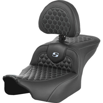 Bill's Exhausts SADDLEMEN Roadsofa™ motorcycle seat with backrest, honeycomb pattern, silver stitching for FLTR/FLHX 2023-2024
