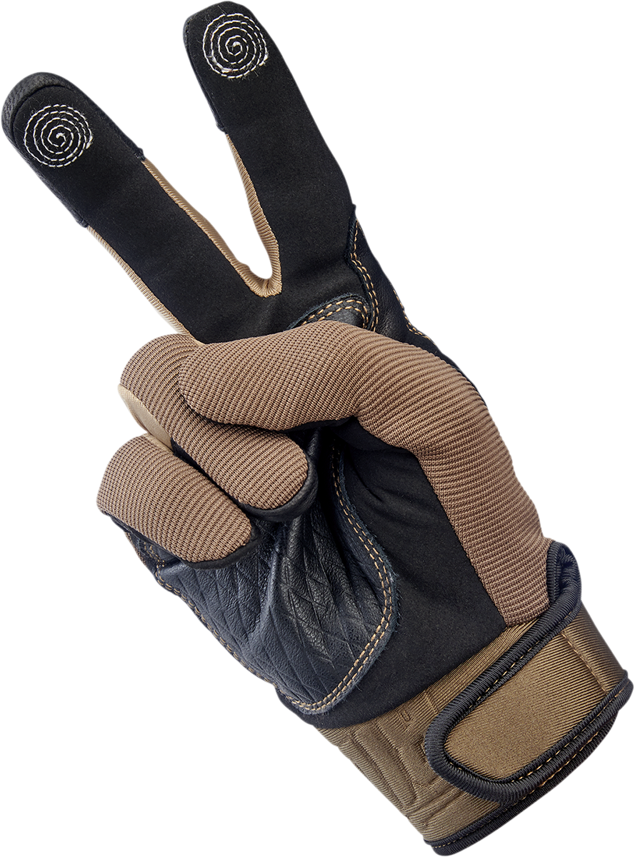 Biltwell Baja Gloves in chocolate leather, large size, showing the rugged design and stitching details for motorcycle riding.