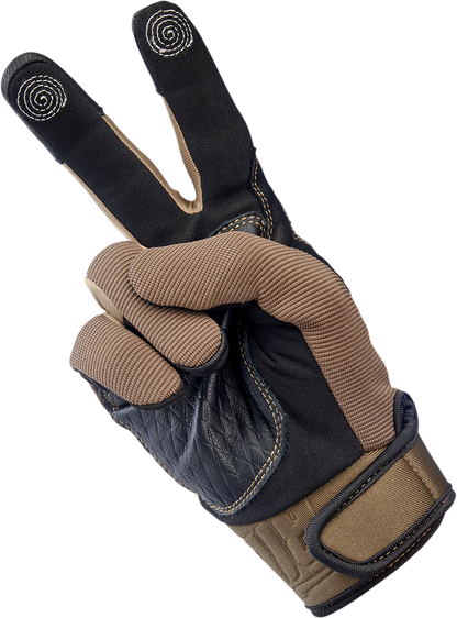 Biltwell Baja Gloves in chocolate leather, large size, showing the rugged design and stitching details for motorcycle riding.