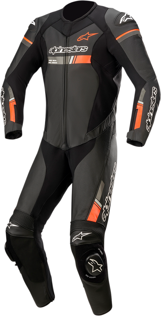 Black and red fluorescent leather racing suit by Alpinestars GP Force Chaser, US 42 / EU 52, detailed stitching and sleek design.