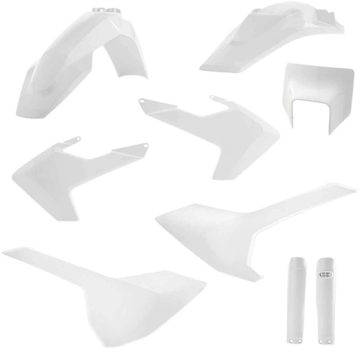 A white Acerbis full replacement body kit for motorcycles, showing the assembled body panels on a stand.