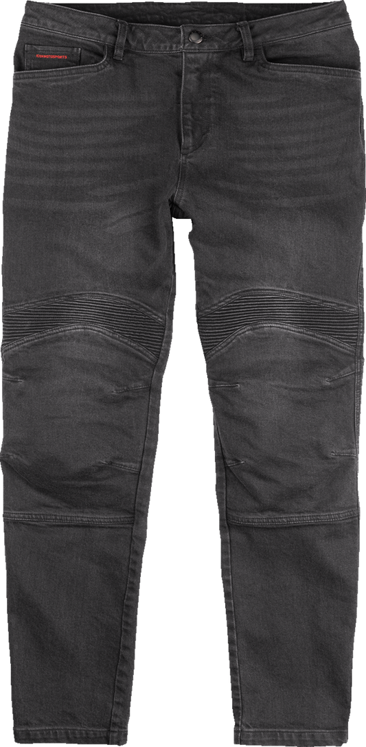 Black ICON Slabtown Jeans by Bill's Exhausts, size 42, showing the front view with classic denim design and detailed stitching.