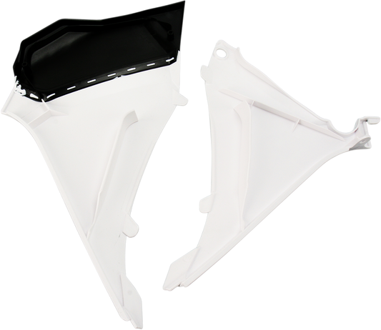 Acerbis Airbox Cover in white and black for motorcycle, featuring sleek body design and brand logo on the air intake.