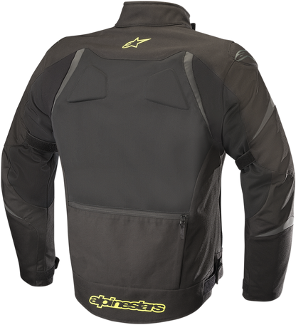 Alpinestars T-Core Drystar® motorcycle jacket in black and yellow, medium size, shown with protective design and waterproof material.