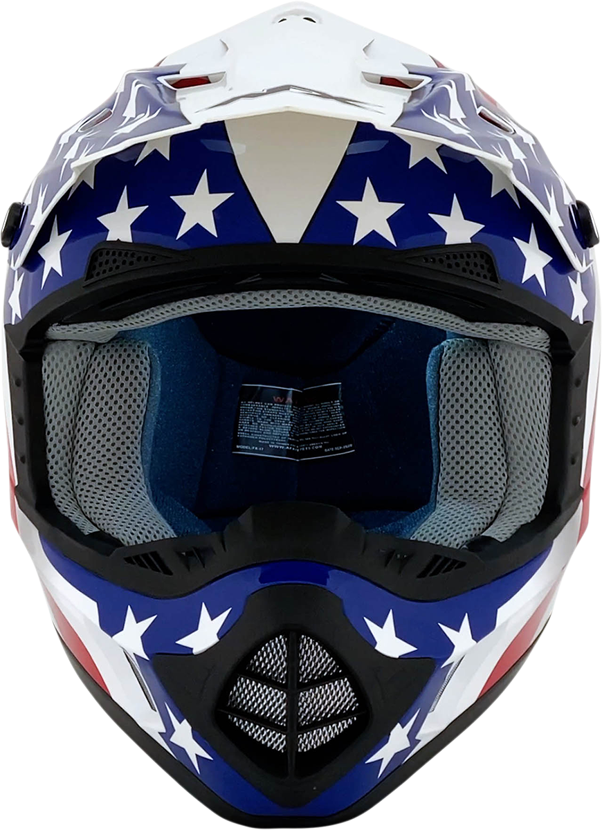 White AFX FX-17 motorcycle helmet with flag design, 4XL size, featuring a sleek helmet shape and detailed graphics.