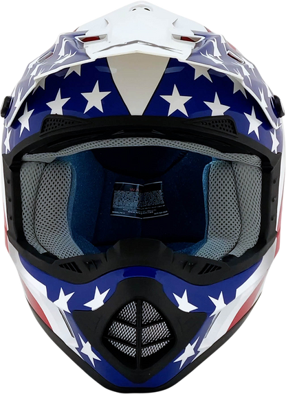 White AFX FX-17 motorcycle helmet with flag design, size XS, featuring a sleek aerodynamic shape and clear visor.
