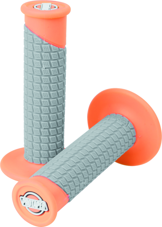 ProTaper Clamp-On Pillow Top Grips in neon orange and gray, designed for motorcycle handlebars for comfortable grip and control.
