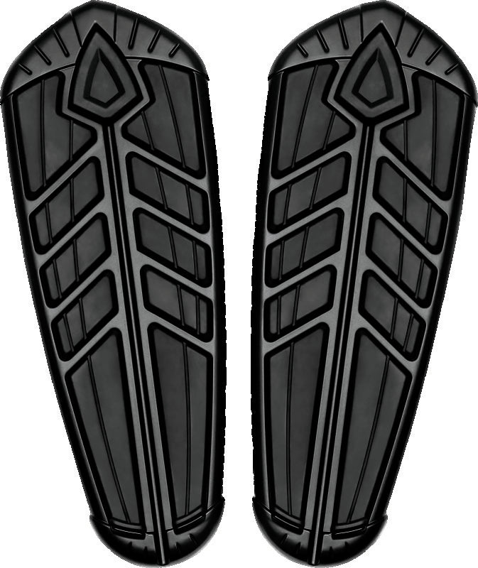 Kuryakyn Spear Driver Floorboard Inserts for Indian Motorcycles in satin black, part #5651, shown installed on motorcycle floorboards.