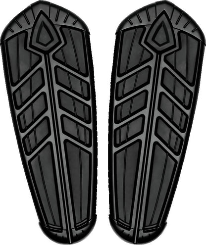 Kuryakyn Spear Driver Floorboard Inserts for Indian Motorcycles in satin black, part #5651, shown installed on motorcycle floorboards.