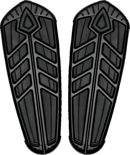 Kuryakyn Spear Driver Floorboard Inserts for Indian Motorcycles in satin black, part #5651, shown installed on motorcycle floorboards.