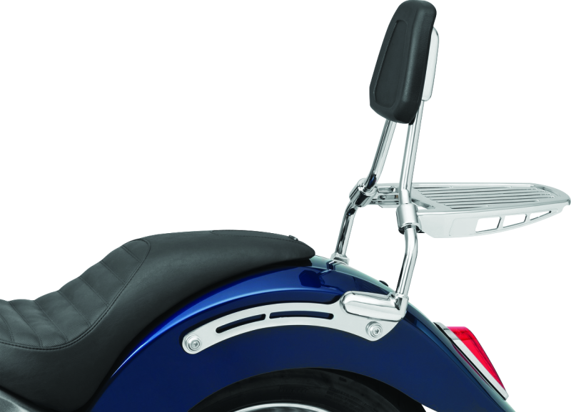 Kuryakyn Sissy Bar for Indian Scout in chrome, durable steel backrest with cushioned pad for comfortable riding support.