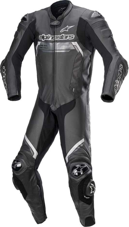 Alpinestars Missile Ignition v2 black 1-piece motorcycle racing suit with armor and padded panels, front view.
