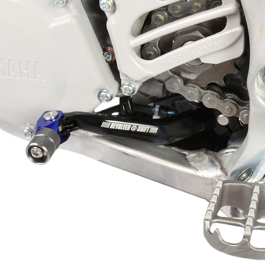 Blue ZETA Revolver Shift Levers for Yamaha motorcycle, featuring ergonomic design and durable construction.
