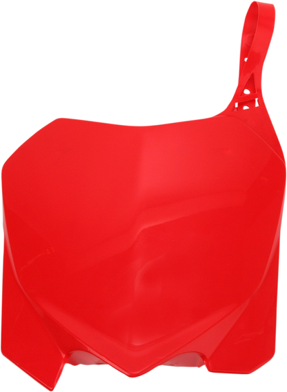 Acerbis front number plate for 2000 CR motorcycle, red body with mounting holes, designed for off-road and motocross bikes