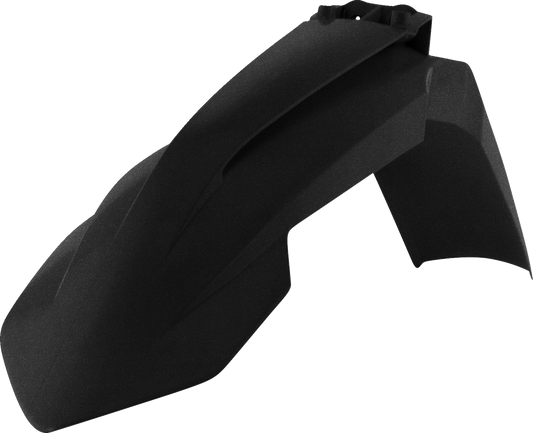 Acerbis black and metallic front fender for off-road motorcycle, made of durable body material with mounting points visible.