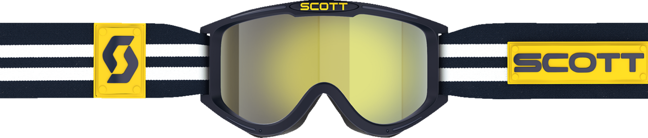 Scott 89X Era goggles in blue and white with yellow chrome lens, designed for motorcycle riding, by Bill's Exhausts.