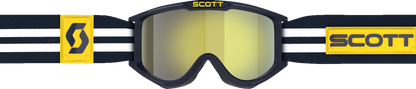 Scott 89X Era goggles in blue and white with yellow chrome lens, designed for motorcycle riding, by Bill's Exhausts.