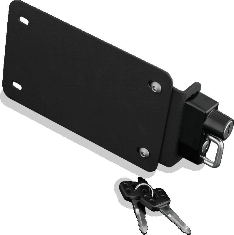 Kuryakyn License Plate Helmet Lock with Mount in black finish for secure motorcycle helmet storage and easy attachment.