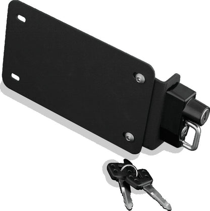 Kuryakyn License Plate Helmet Lock with Mount in black finish for secure motorcycle helmet storage and easy attachment.