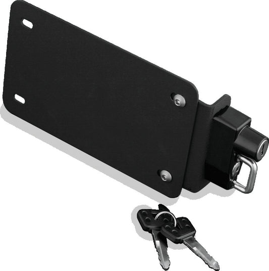 Kuryakyn License Plate Helmet Lock with Mount in black finish for secure motorcycle helmet storage and easy attachment.