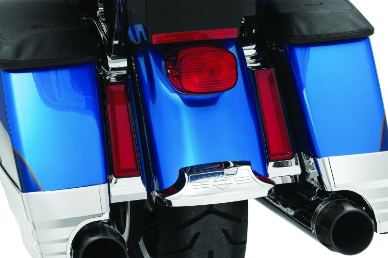 Kuryakyn Tracer LED inserts for saddlebag supports in chrome, featuring enhanced red lighting for Harley Davidson touring bikes