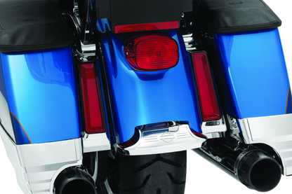 Kuryakyn Tracer LED inserts for saddlebag supports in chrome, featuring enhanced red lighting for Harley Davidson touring bikes