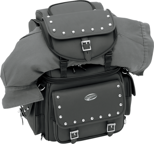 Bill's Exhausts Saddlemens Sissy Bar Bag 3515-0121 mounted on motorcycle seat, showcasing durable storage bag with straps.
