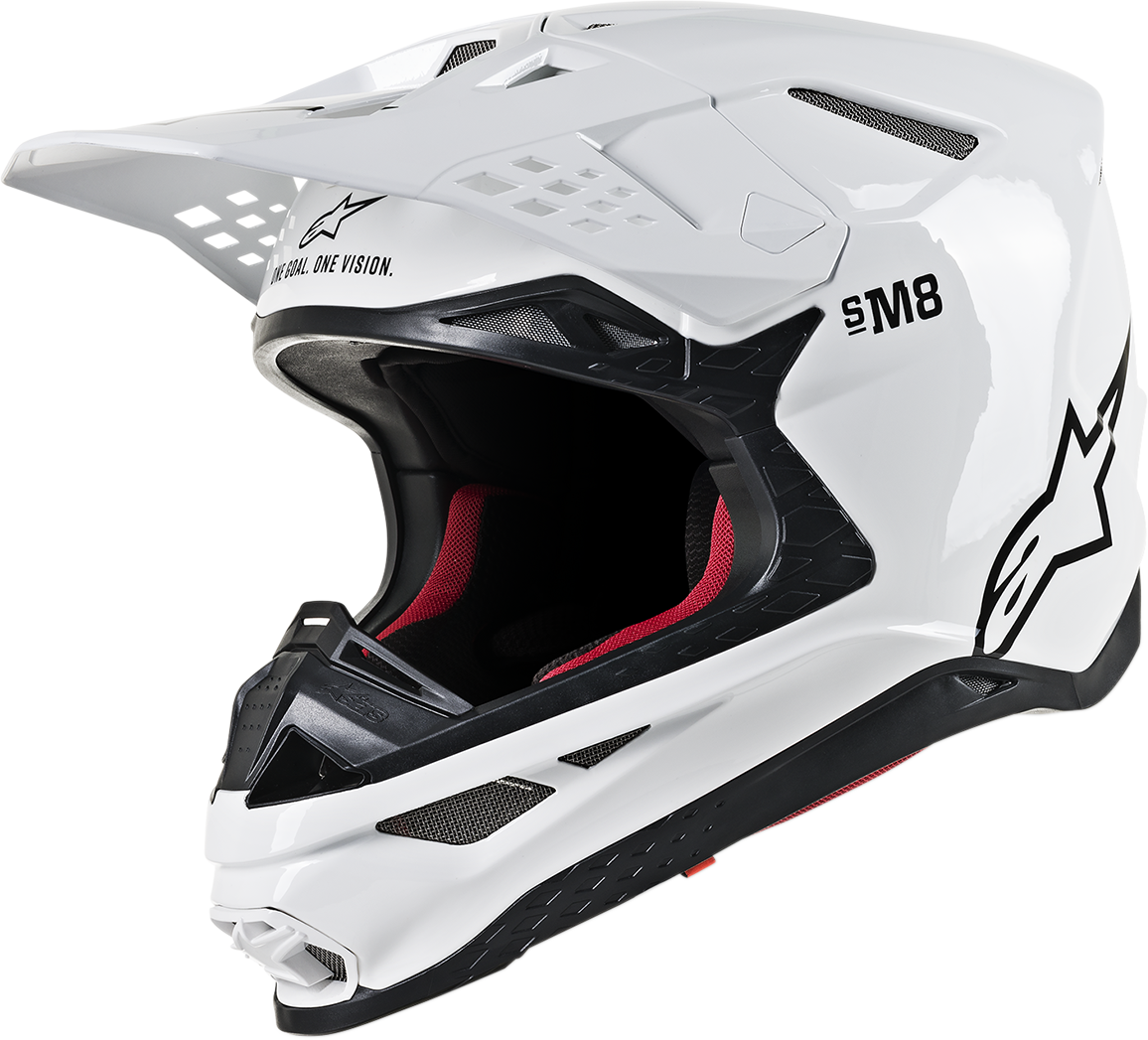 Alpinestars Supertech M8 helmet with MIPS in gloss white, small size, featuring aerodynamic design and ventilation openings.