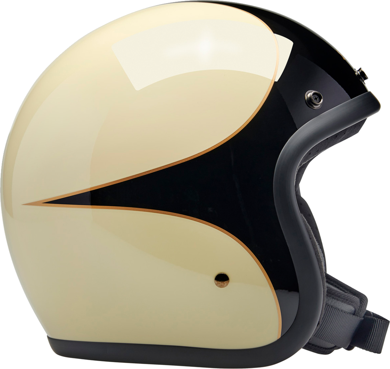 BILTWELL Bonanza helmet in gloss vintage white and black scallop design, XS size, featuring a glossy finish and vintage style.