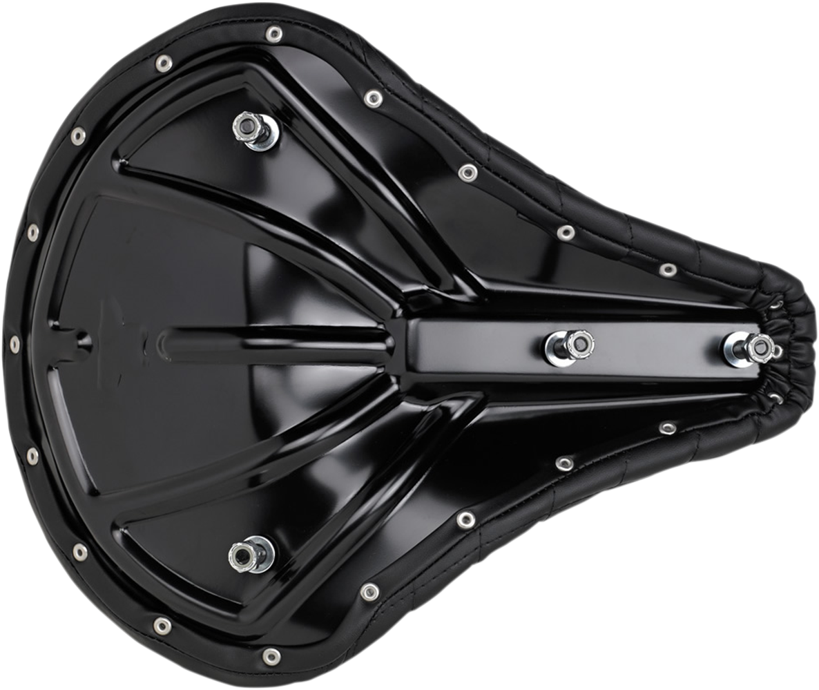 Black BILTWEll Solo 2 motorcycle seat with tuck and roll design, featuring sleek black upholstery and detailed stitching.