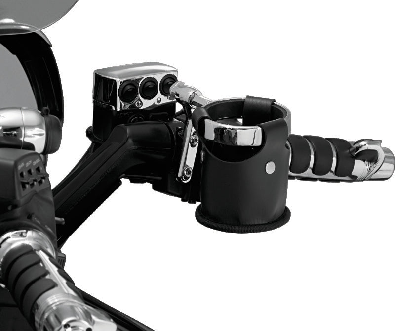 Kuryakyn Beverage Carrier Perch Mount in chrome for powersports vehicles, designed for secure drink holder attachment.
