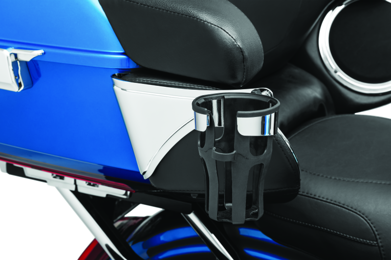 Kuryakyn Reflex drink holder mounted on the right side passenger of a Harley-Davidson touring motorcycle