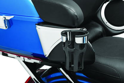 Kuryakyn Reflex drink holder mounted on the right side passenger of a Harley-Davidson touring motorcycle